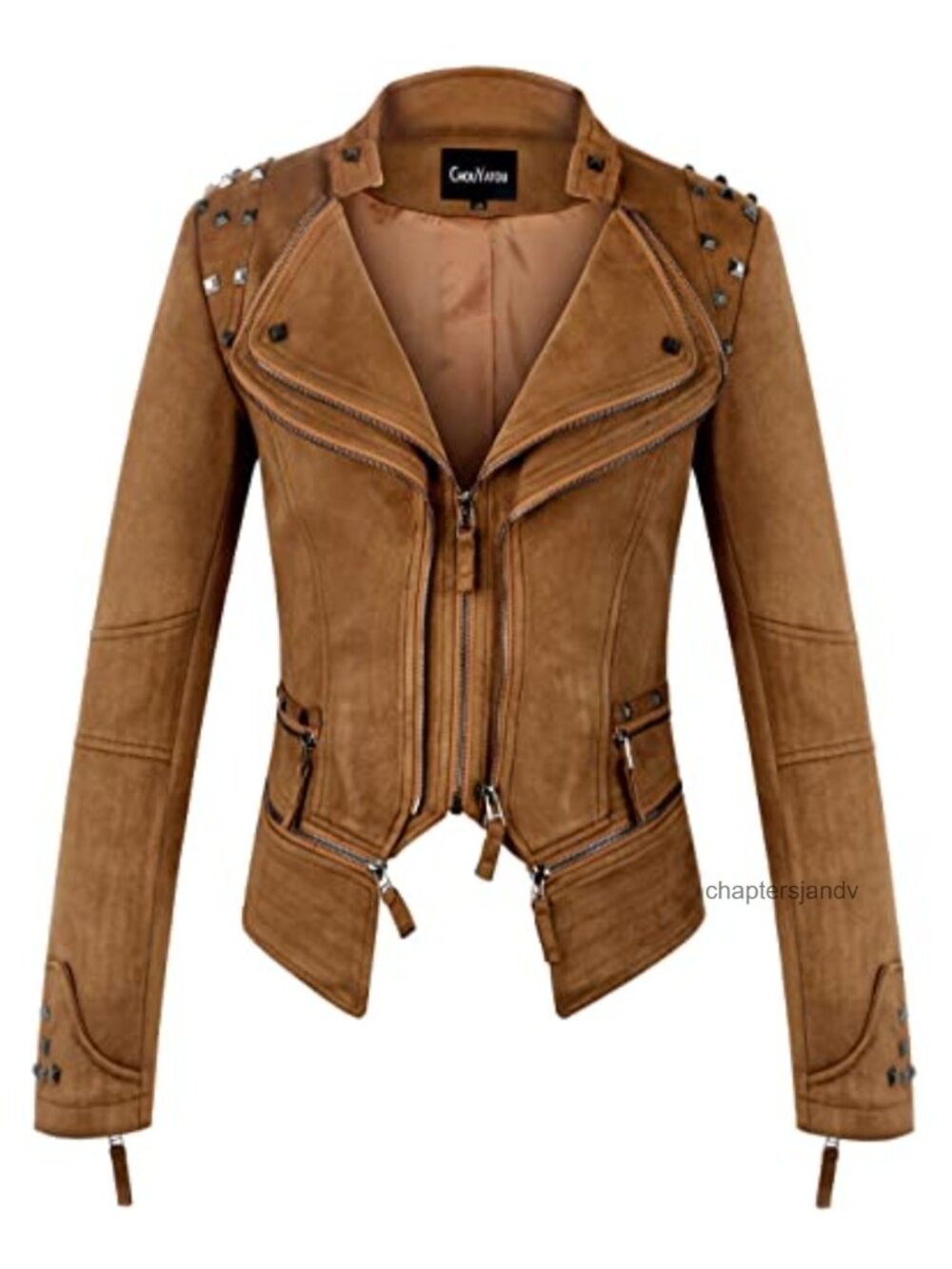Faux Leather Studded Moto Biker Jacket Slim Fit Detachable Hem Zip